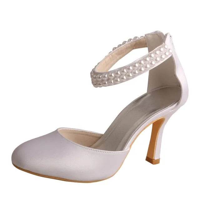 Custom Handmade Pearl Strap Shoes Bridal for Wedding High Heel Women Pumps Zipper